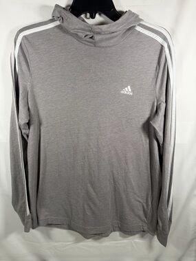adidas Gray Long-Sleeve Hooded Athletic Top with White Stripes